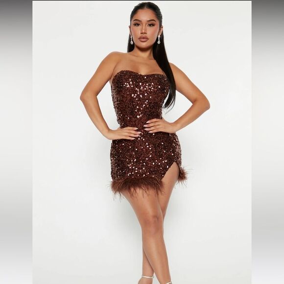 Fashion Nova Muse Sequin and Feather Mini Dress - Picture 1 of 7